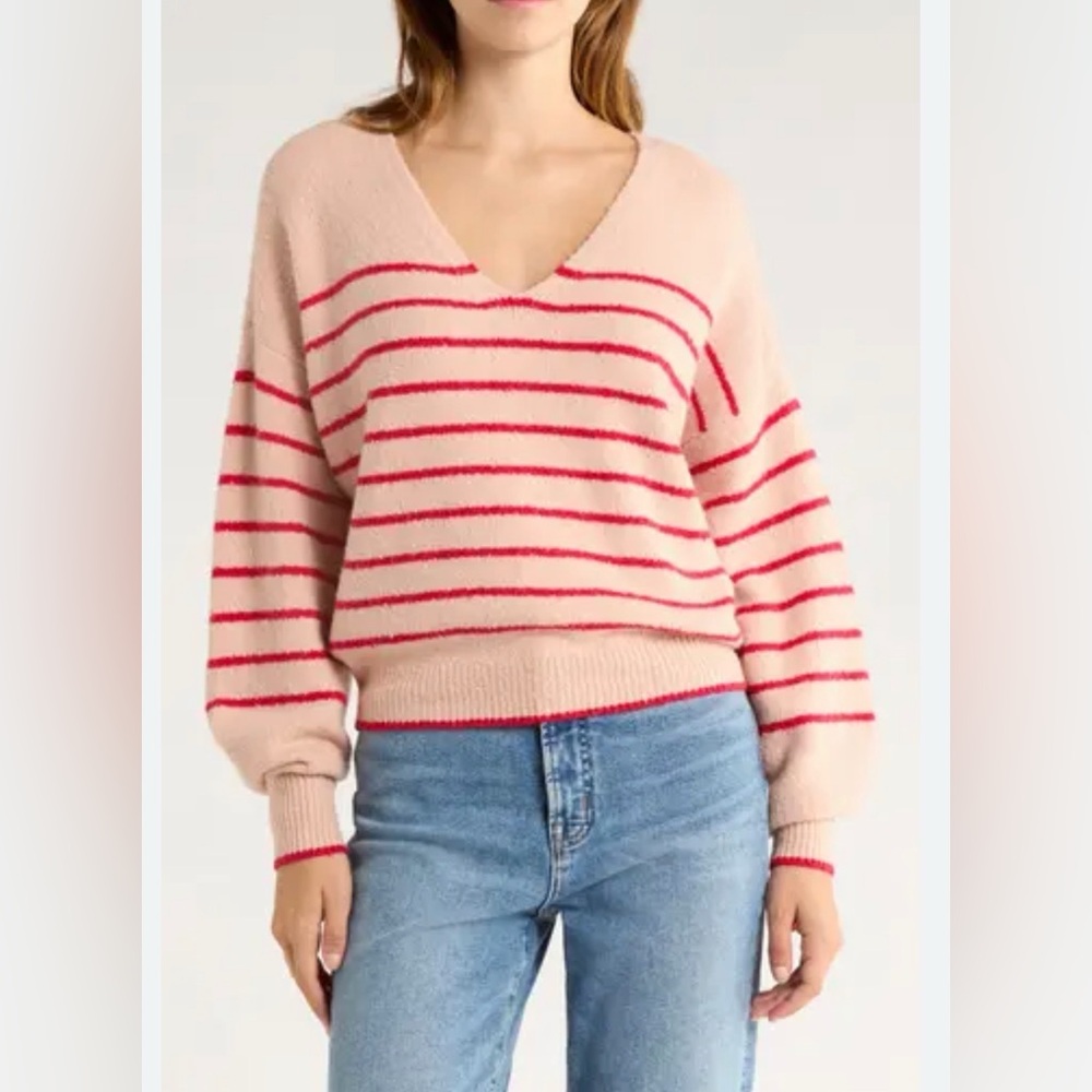 Madewell Wedged $92 V-Neck Wool Blend Pale Blush Stripe Pullover Sweater Sz XXS